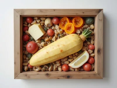 Fresh Produce And Cheese Arranged In Wooden Box