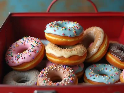 Assorted Glazed Donuts in a Red Metal Box