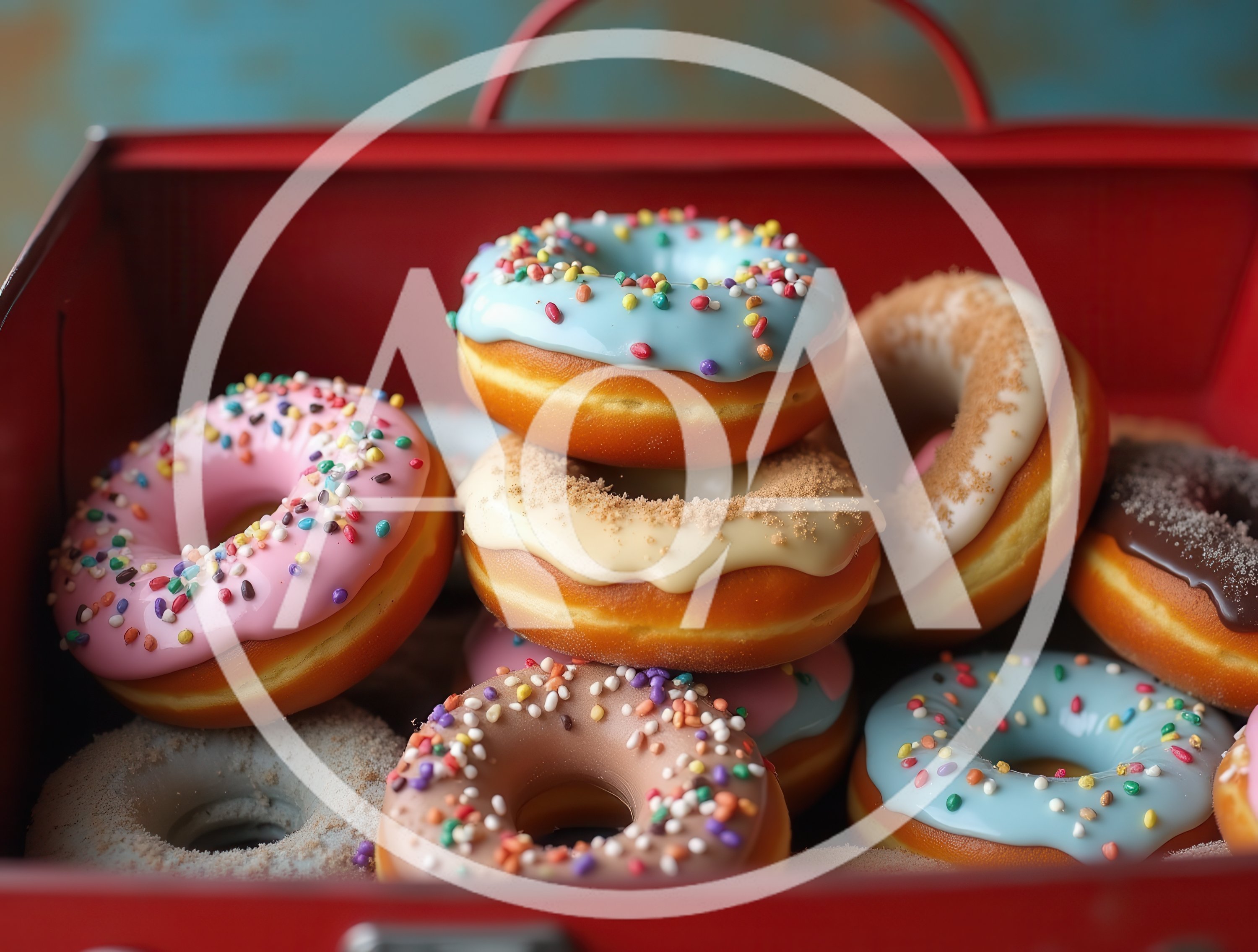 Assorted Glazed Donuts in a Red Metal Box