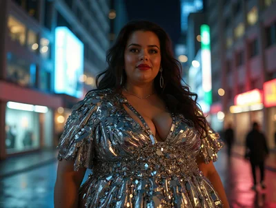 Plus Size Woman In Silver Sequin Dress At Night