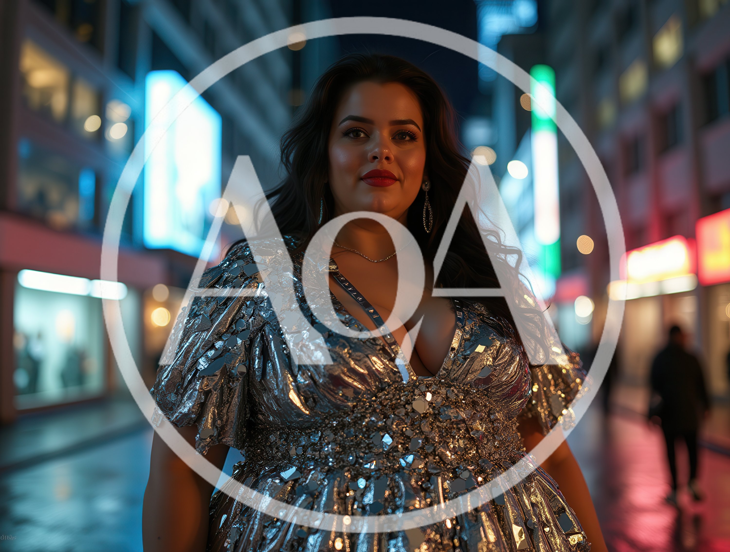 Plus Size Woman In Silver Sequin Dress At Night