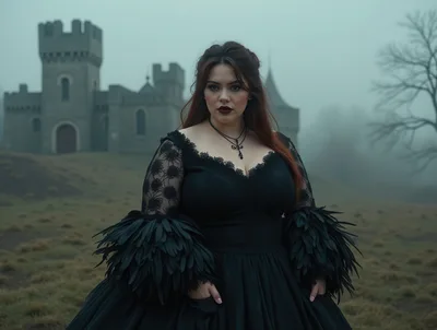 Gothic Woman in Black Dress Standing Before Misty Castle