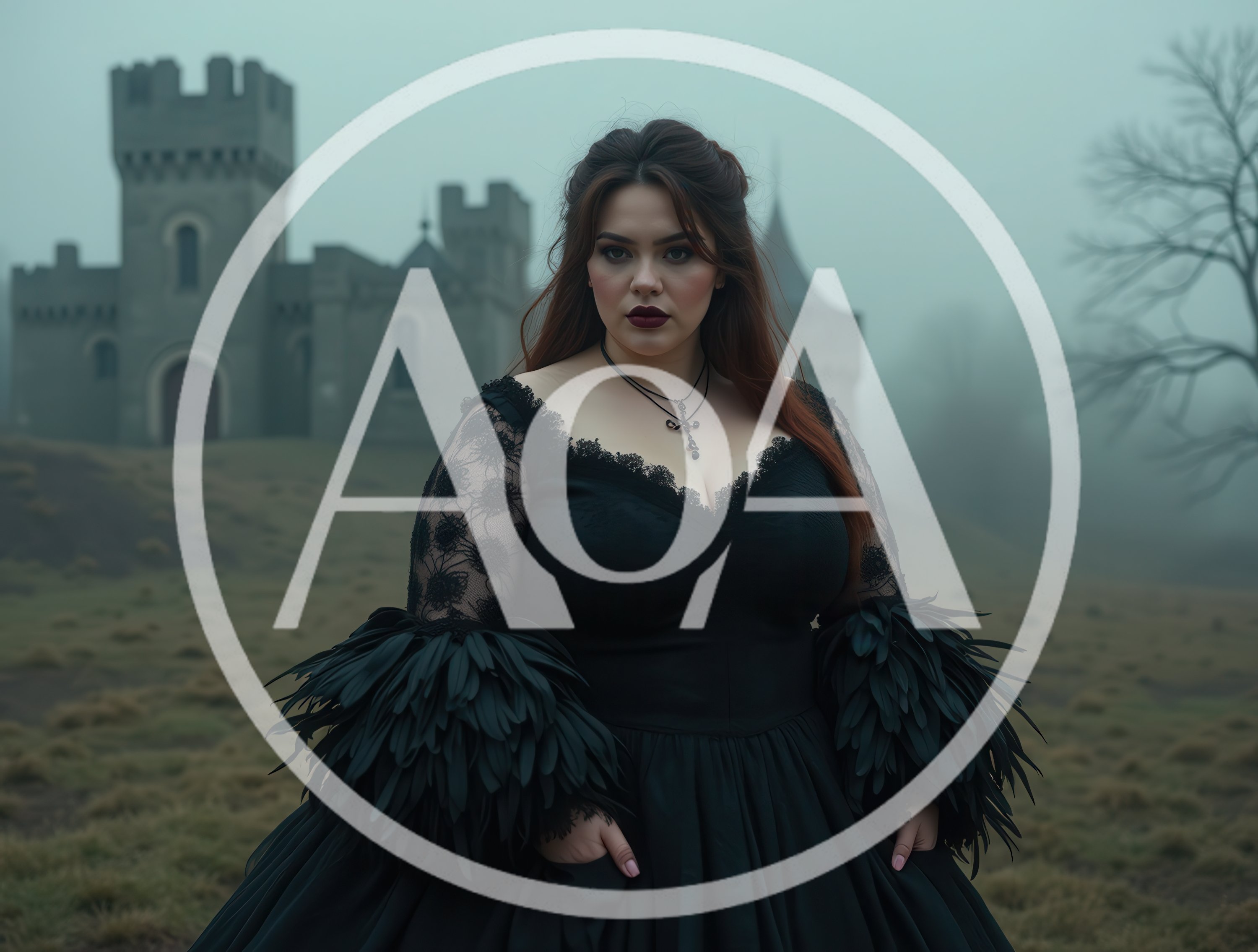 Gothic Woman in Black Dress Standing Before Misty Castle