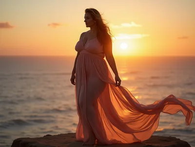 Pregnant Woman Standing On Cliff At Sunset