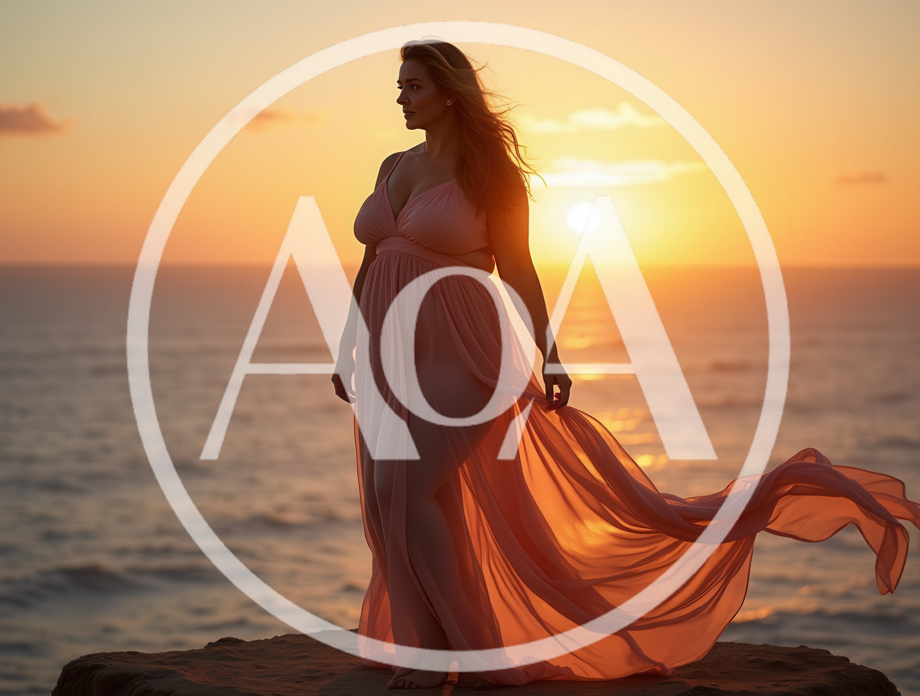 Pregnant Woman Standing On Cliff At Sunset