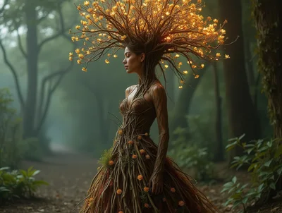 Ethereal Dryad Woman With Tree Branch Hair In Forest