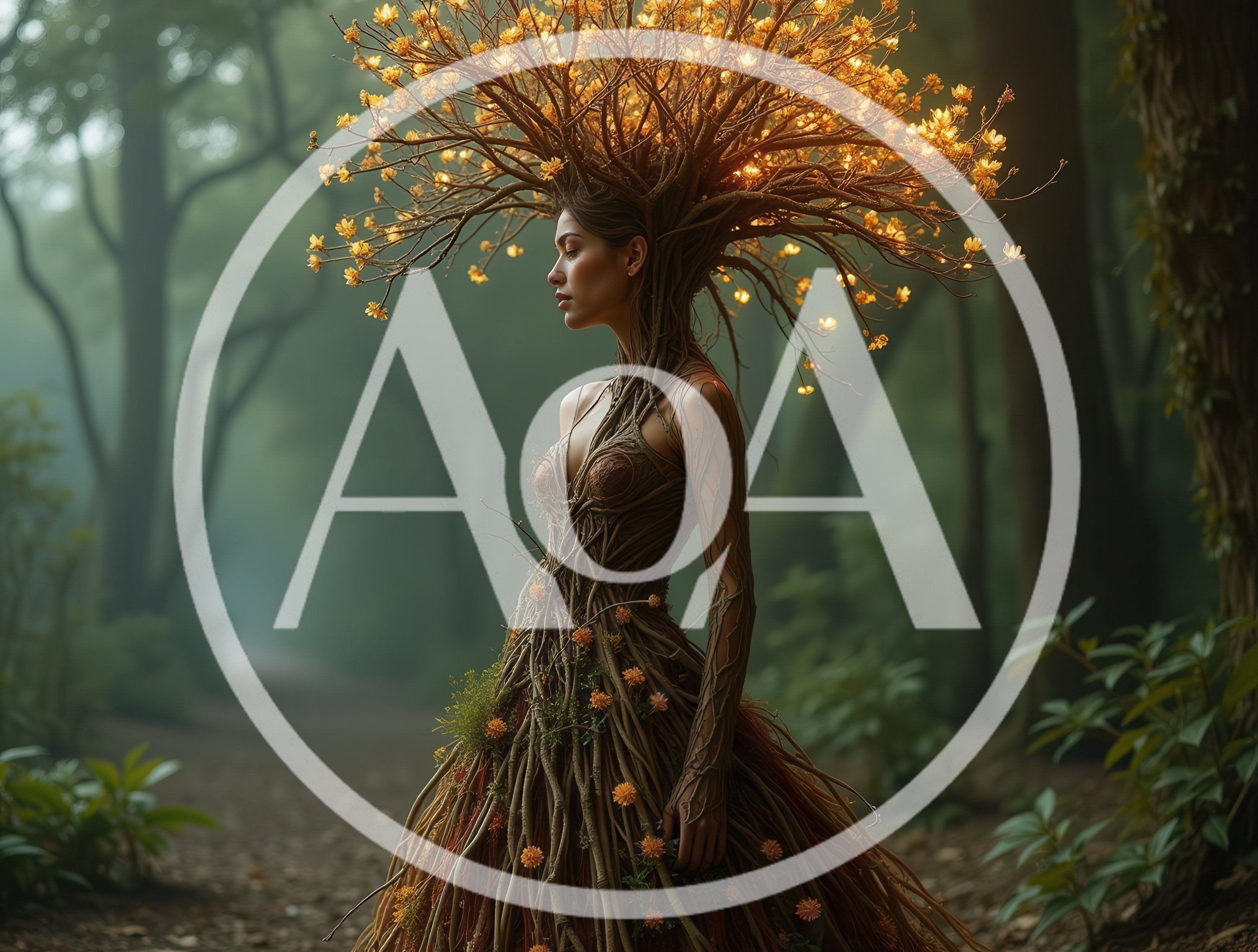 Ethereal Dryad Woman With Tree Branch Hair In Forest