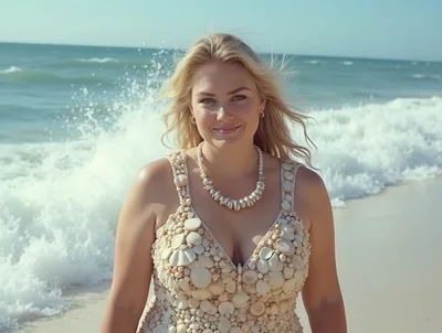 Blonde Woman Wearing Seashell Dress On Beach