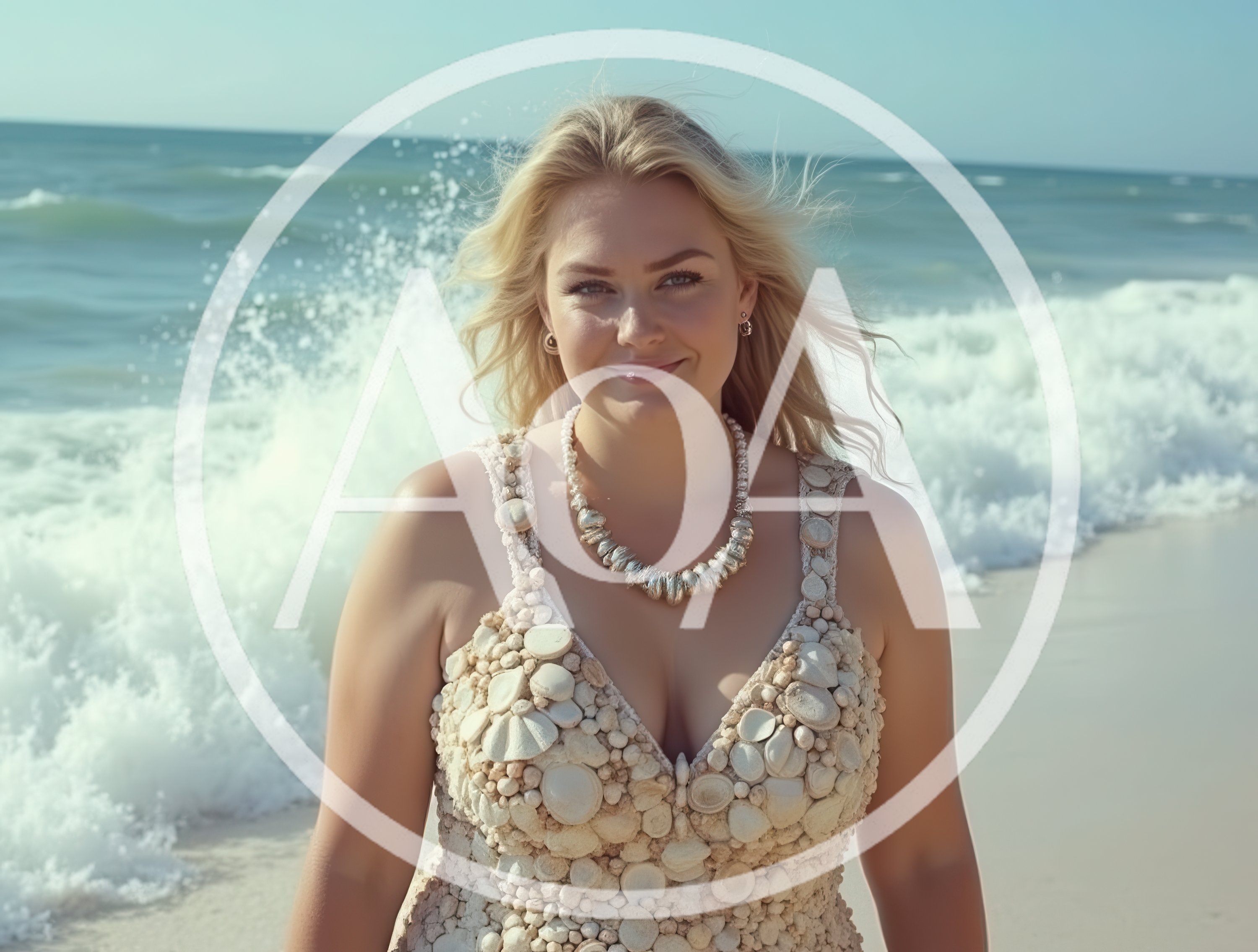 Blonde Woman Wearing Seashell Dress On Beach