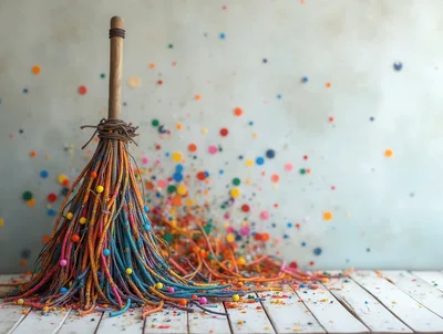 Colorful Decorative Broom With Confetti On Wooden Floor