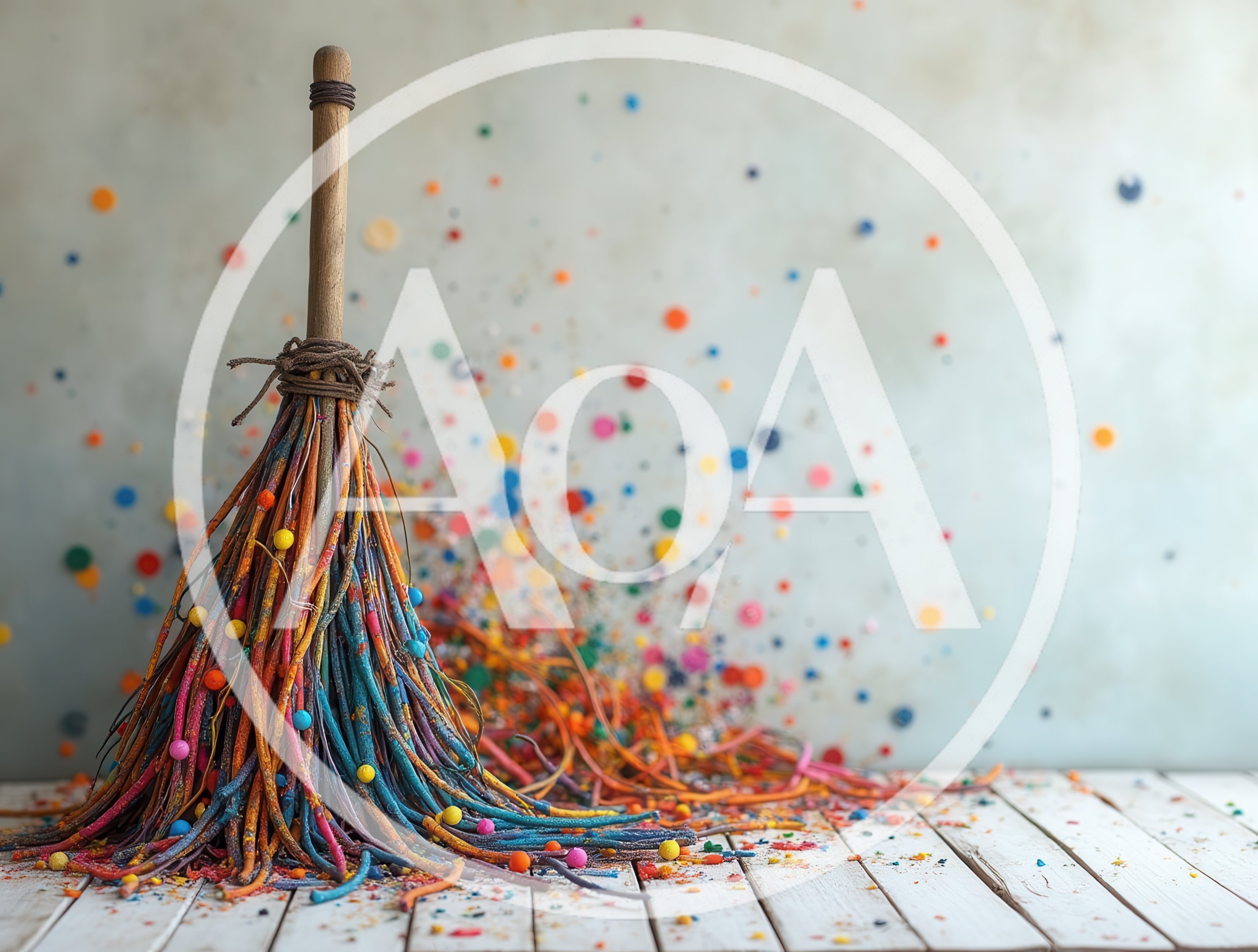 Colorful Decorative Broom With Confetti On Wooden Floor