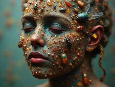 Surreal Portrait Of A Woman Covered In Amber And Insects