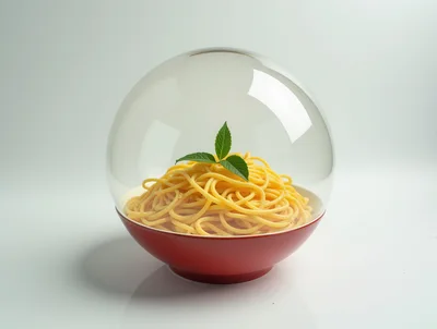 Spaghetti Served In A Red Bowl Under Glass Dome