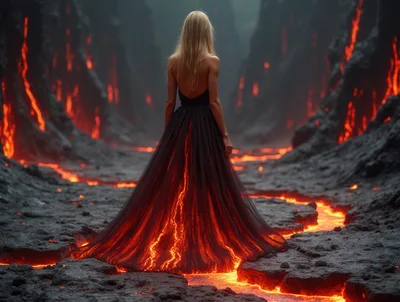 Woman In Black Gown Standing In Volcanic Landscape