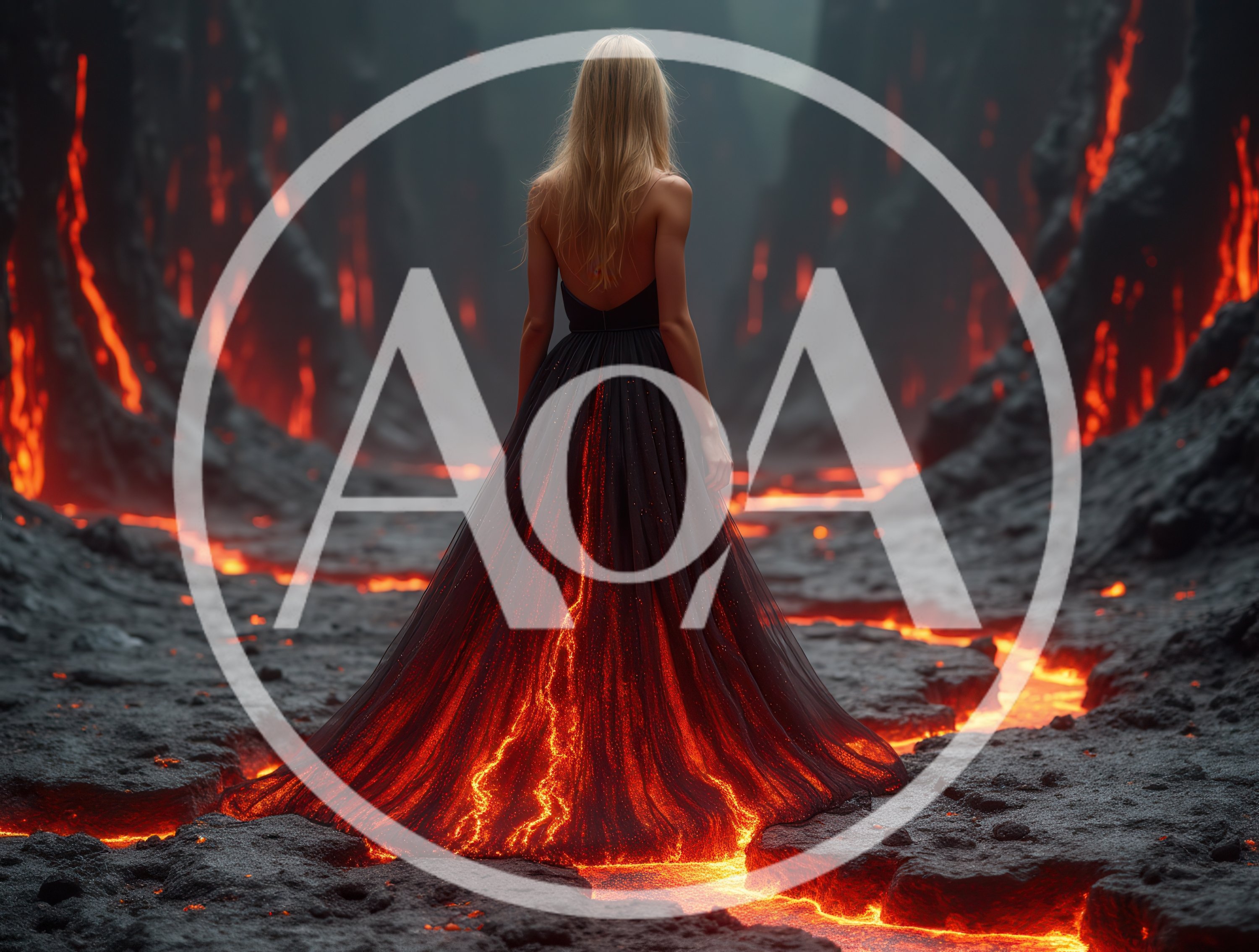 Woman In Black Gown Standing In Volcanic Landscape