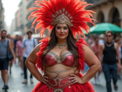 Plus Size Carnival Performer In Red Feathered Costume