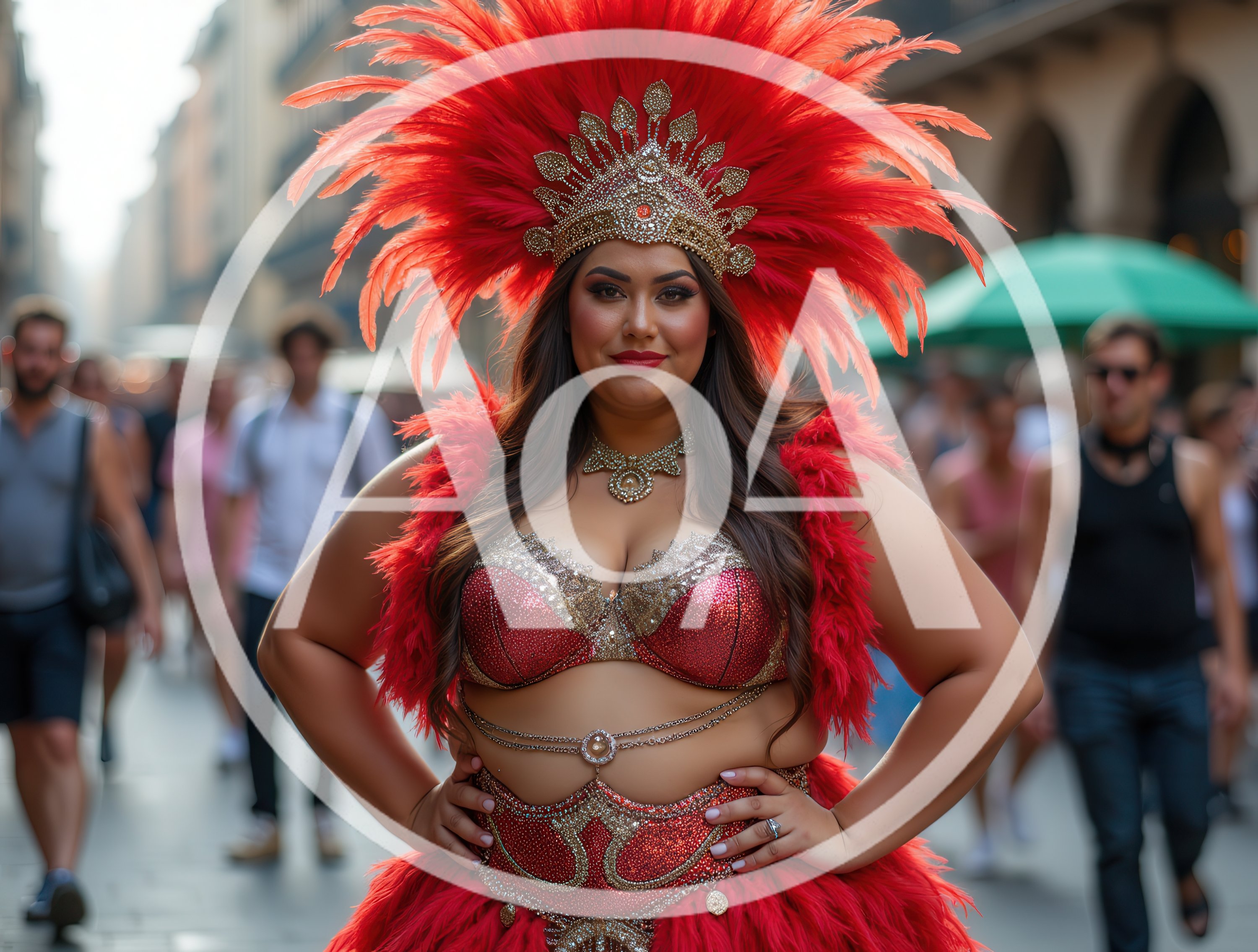 Plus Size Carnival Performer In Red Feathered Costume