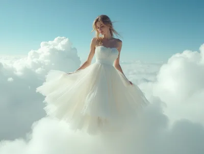 Dreamy Woman In White Wedding Dress Floating Above Clouds