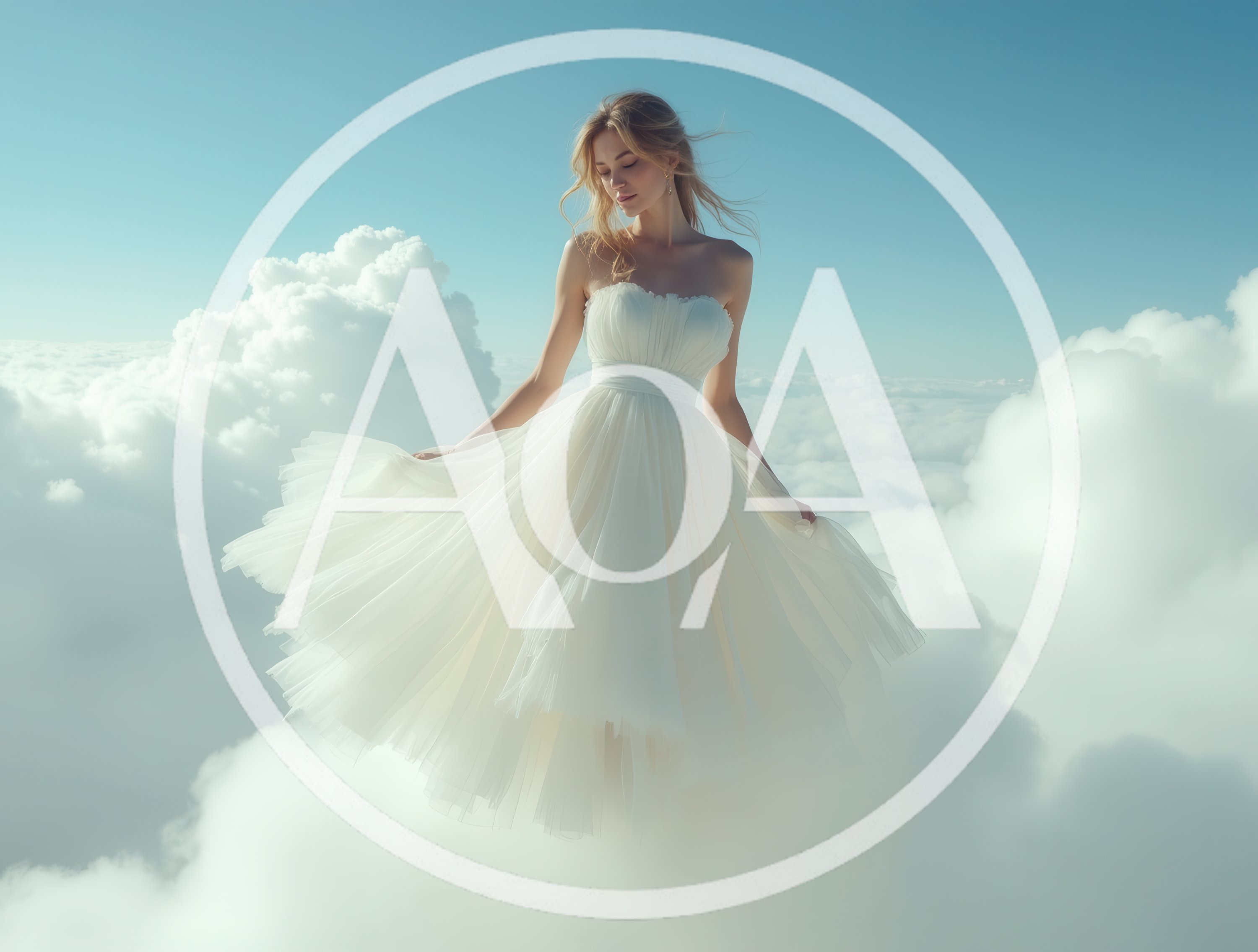 Dreamy Woman In White Wedding Dress Floating Above Clouds