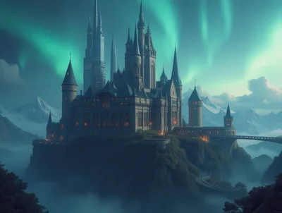 Majestic Gothic Castle Under Vibrant Northern Lights