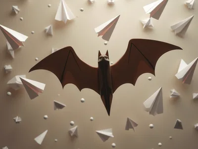 Origami Bat Flying Among Paper Airplanes