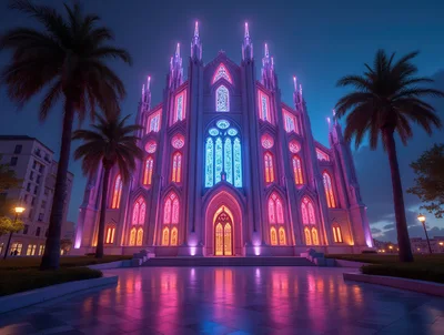 Neon Illuminated Gothic Cathedral At Night