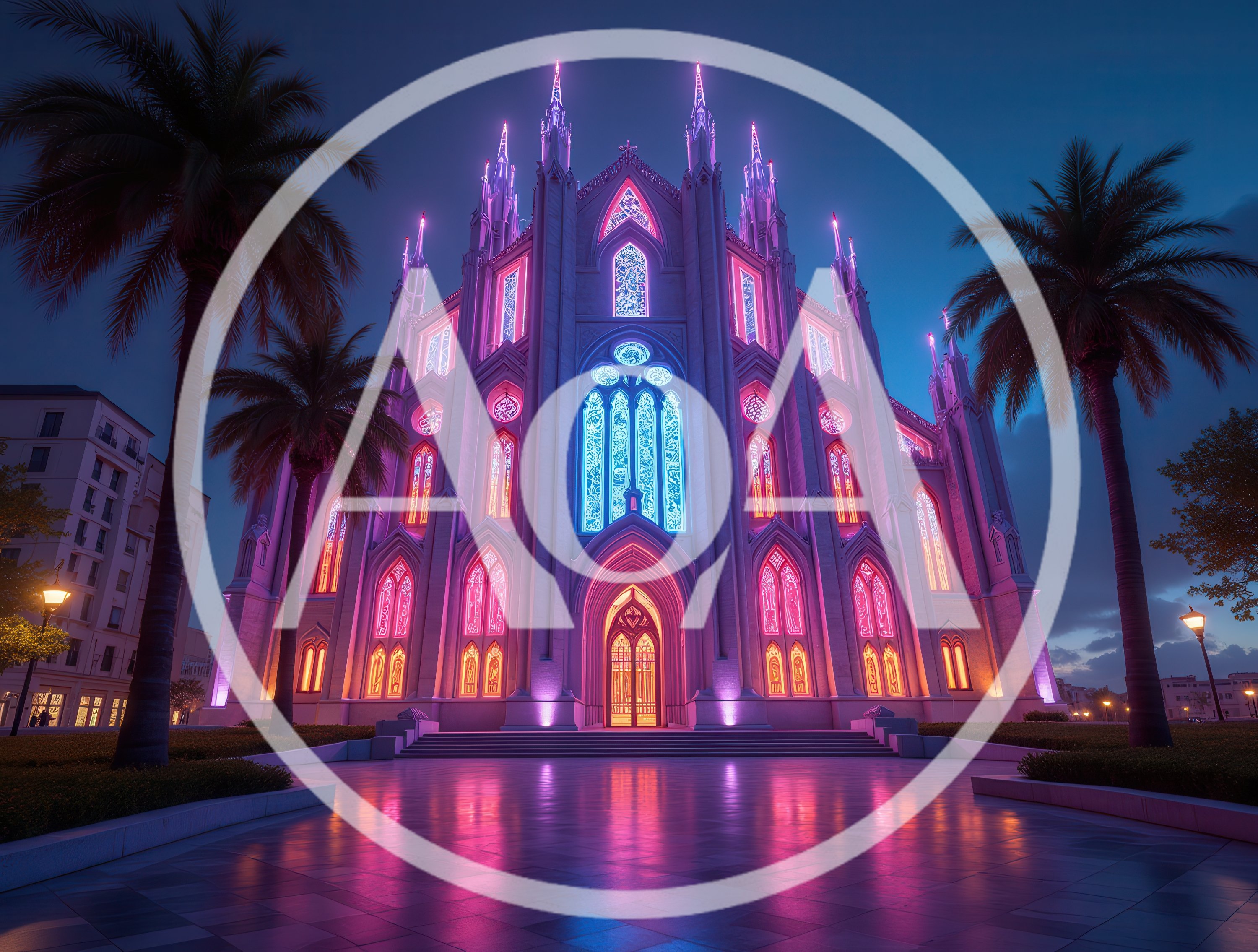 Neon Illuminated Gothic Cathedral At Night
