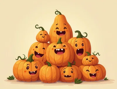 Group Of Cute Cartoon Pumpkins With Happy Faces