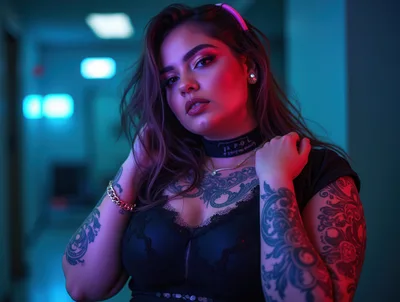 Portrait Of A Tattooed Woman In Neon Lighting