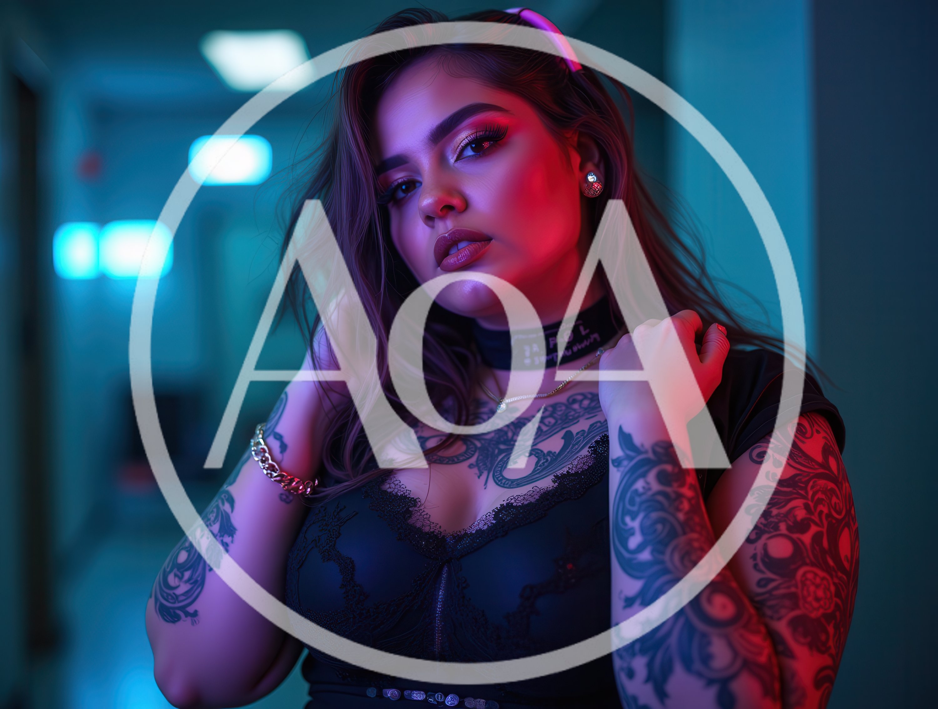 Portrait Of A Tattooed Woman In Neon Lighting