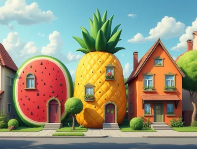 Whimsical Fruit Shaped Houses In A Suburban Neighborhood