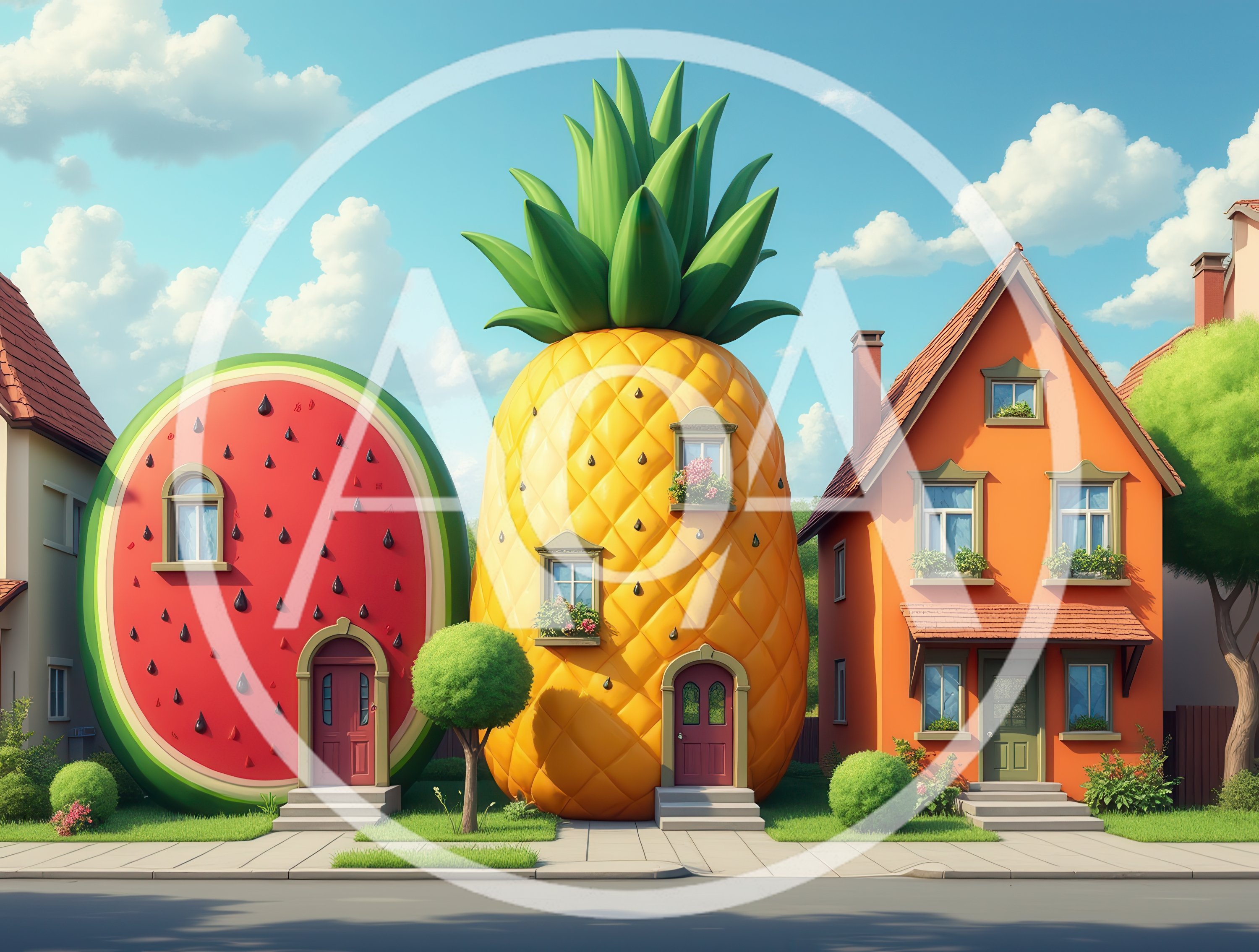 Whimsical Fruit Shaped Houses In A Suburban Neighborhood