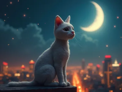 White Cat Sitting On Rooftop Overlooking City At Night