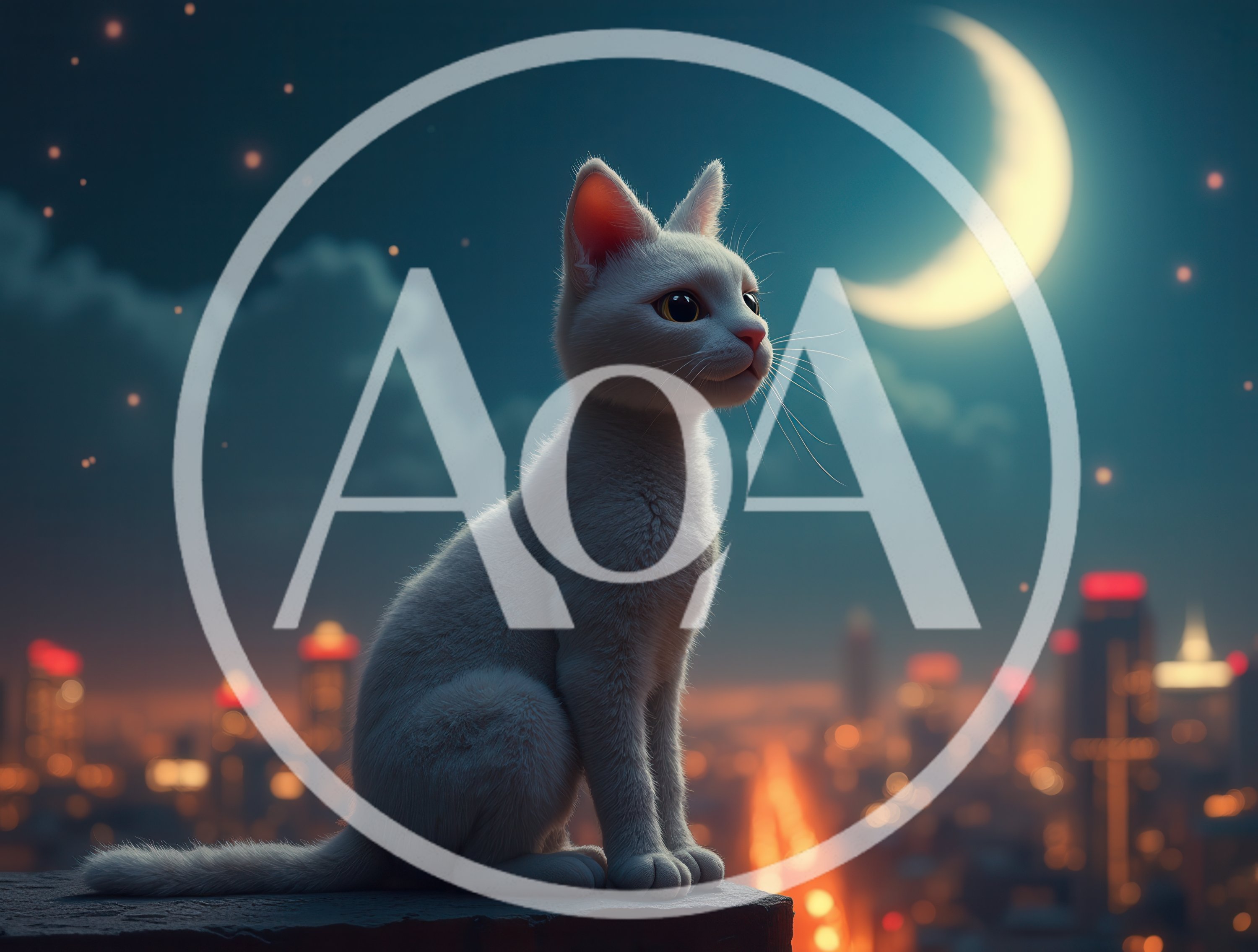 White Cat Sitting On Rooftop Overlooking City At Night