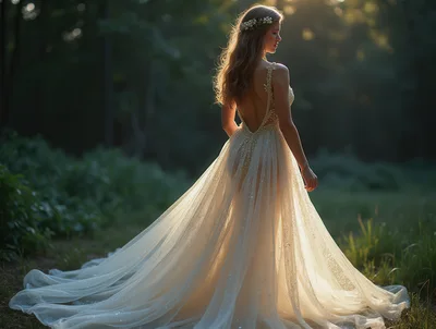 Elegant Bride Standing In A Sunlit Forest