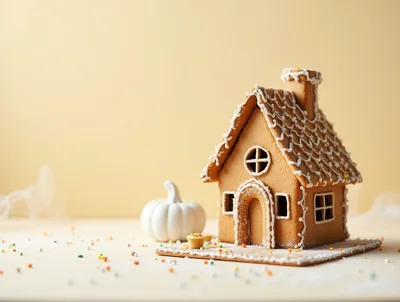 Gingerbread House With White Pumpkin Decoration