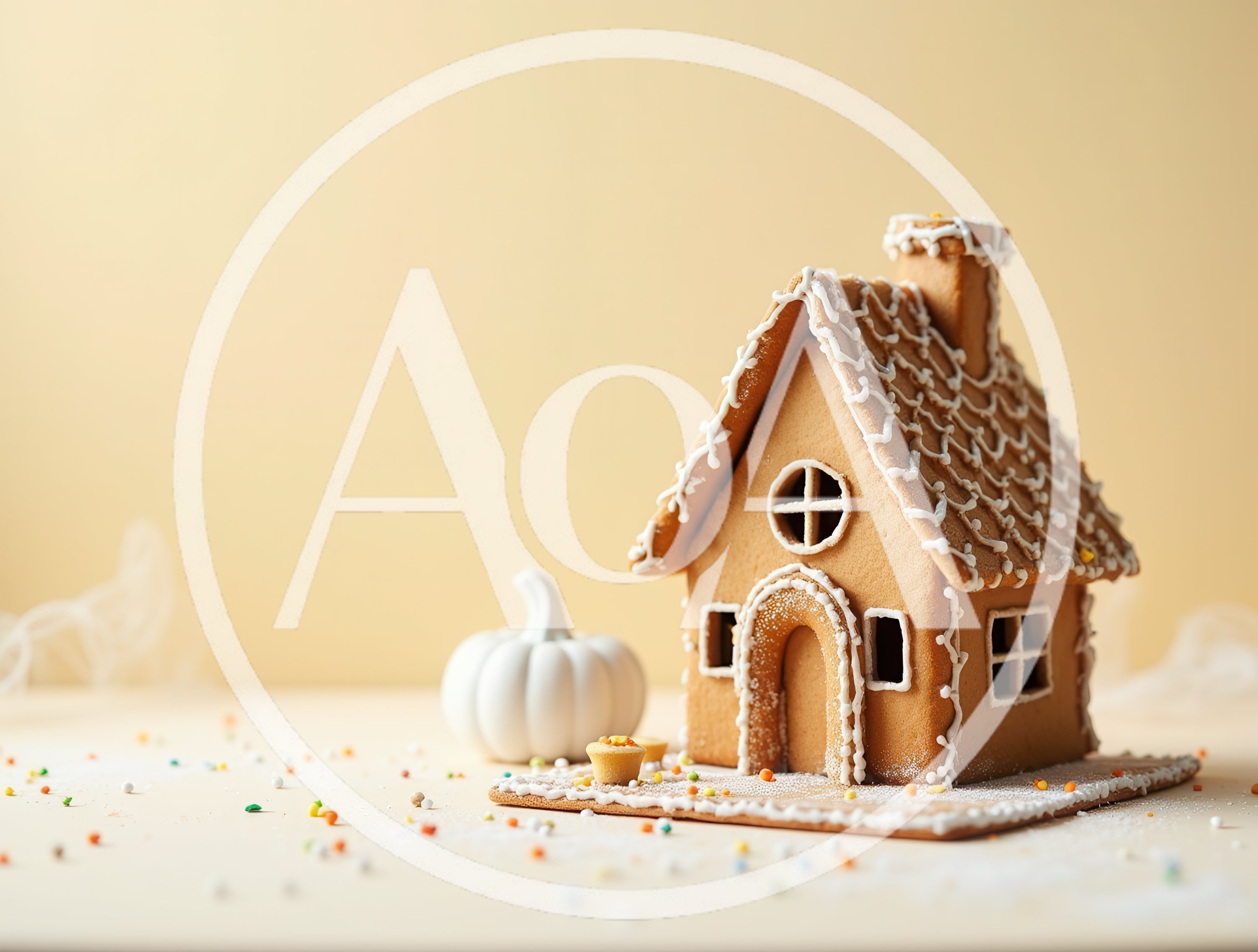 Gingerbread House With White Pumpkin Decoration