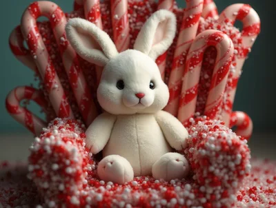 Cute White Plush Bunny Sitting On Candy Cane Throne