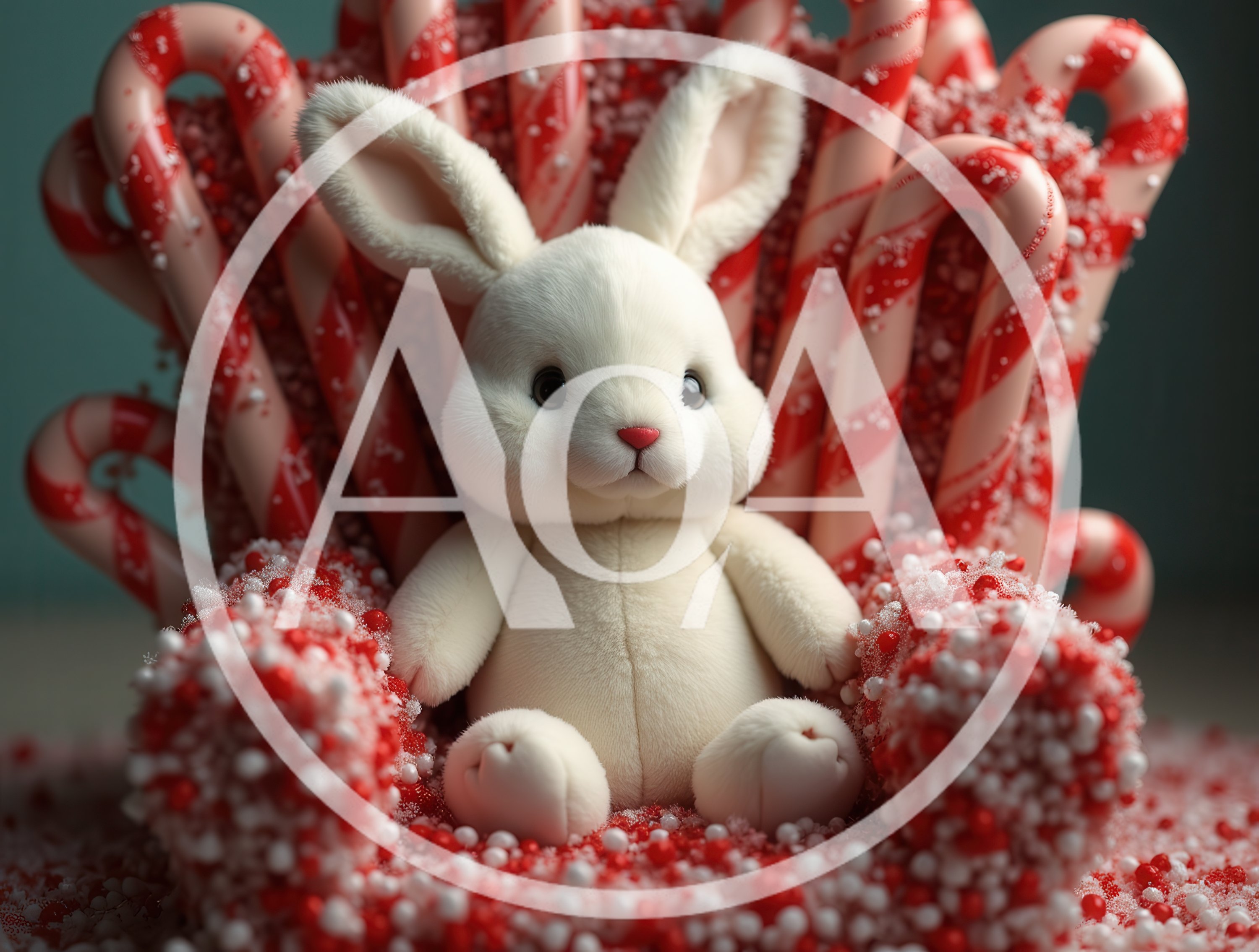 Cute White Plush Bunny Sitting On Candy Cane Throne