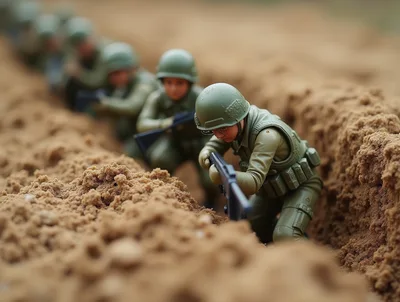 Toy Soldiers In A Sandy Trench