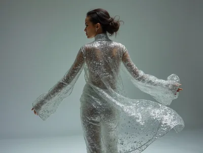 Fashion Model Posing In Sheer Silver Glittering Outfit