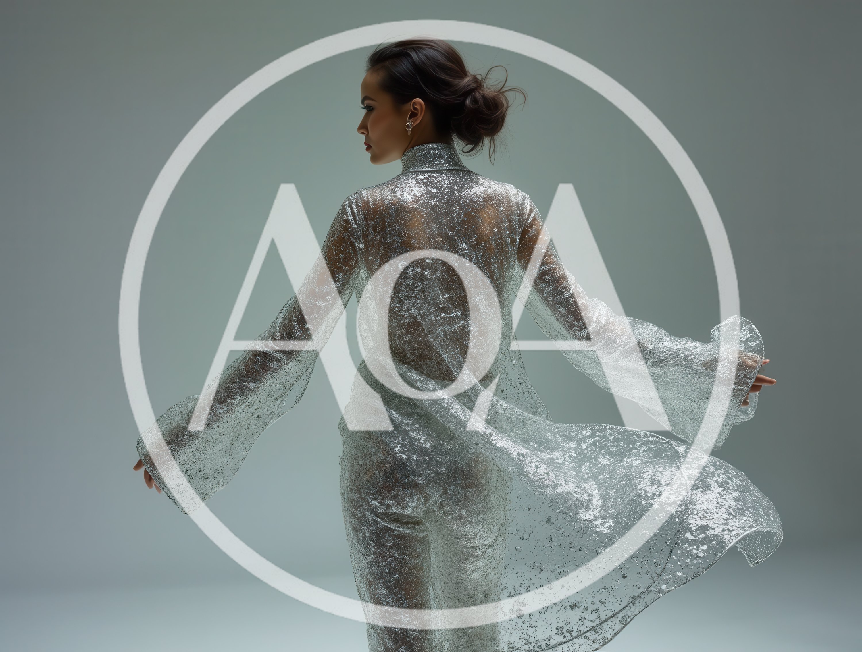 Fashion Model Posing In Sheer Silver Glittering Outfit