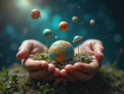Hands Holding A Miniature Earth Model With Floating Planets