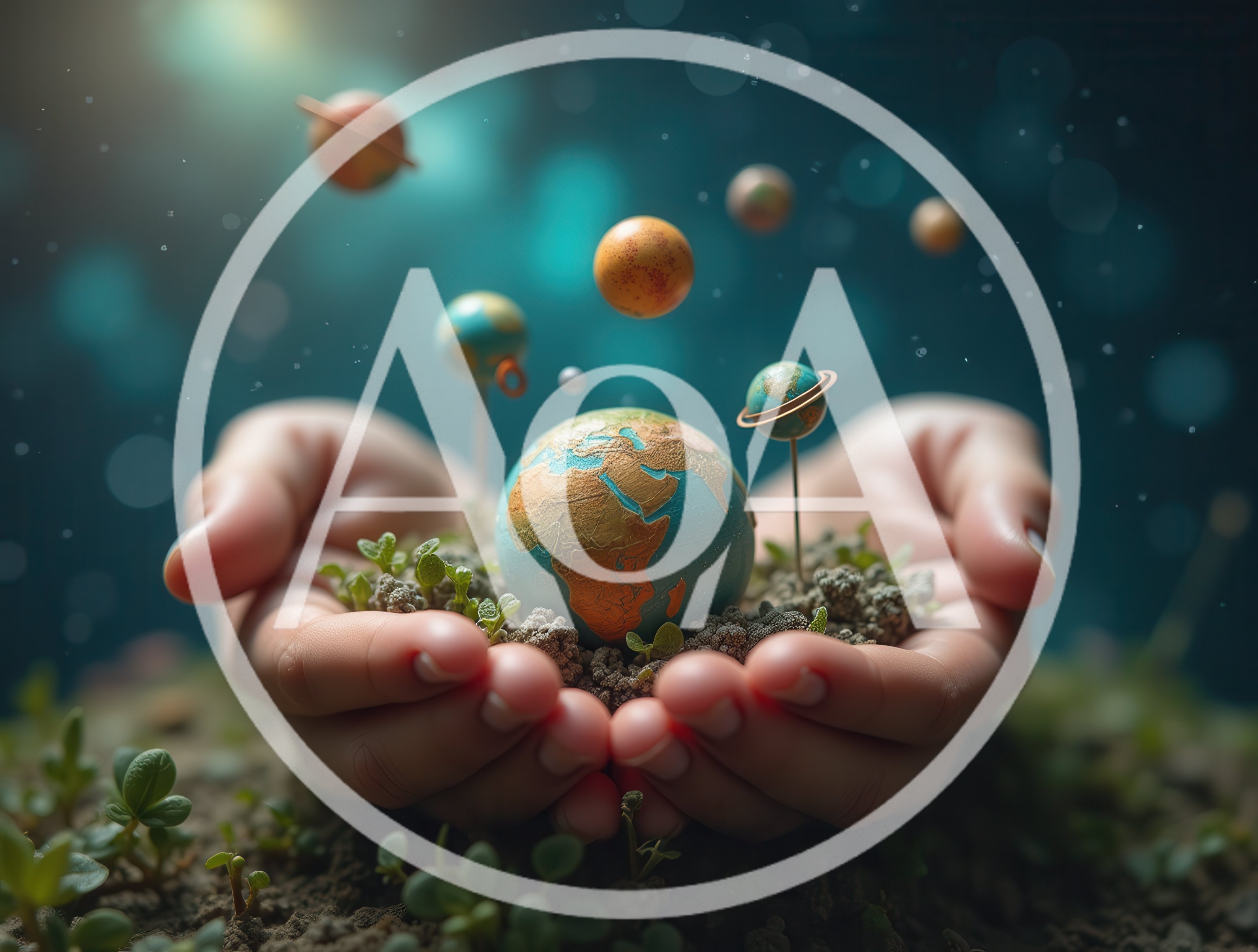 Hands Holding A Miniature Earth Model With Floating Planets