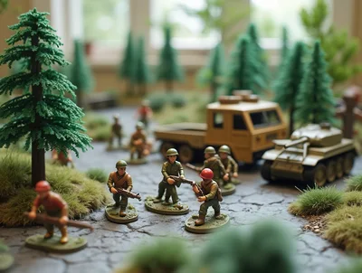 Miniature Toy Soldiers and Military Vehicles in Forest Diorama