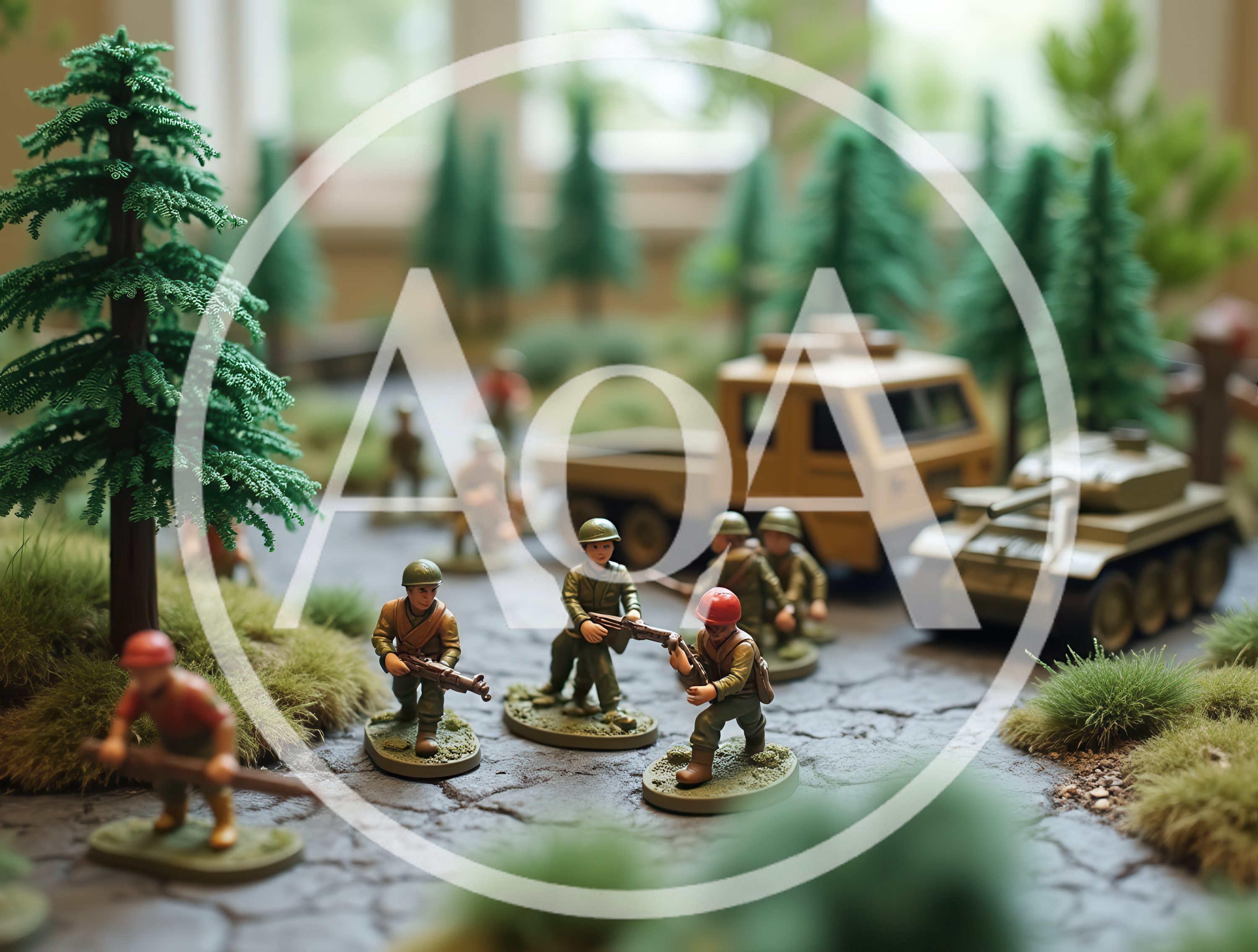 Miniature Toy Soldiers and Military Vehicles in Forest Diorama