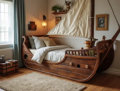 Childrens Bedroom Featuring A Unique Wooden Boat Bed