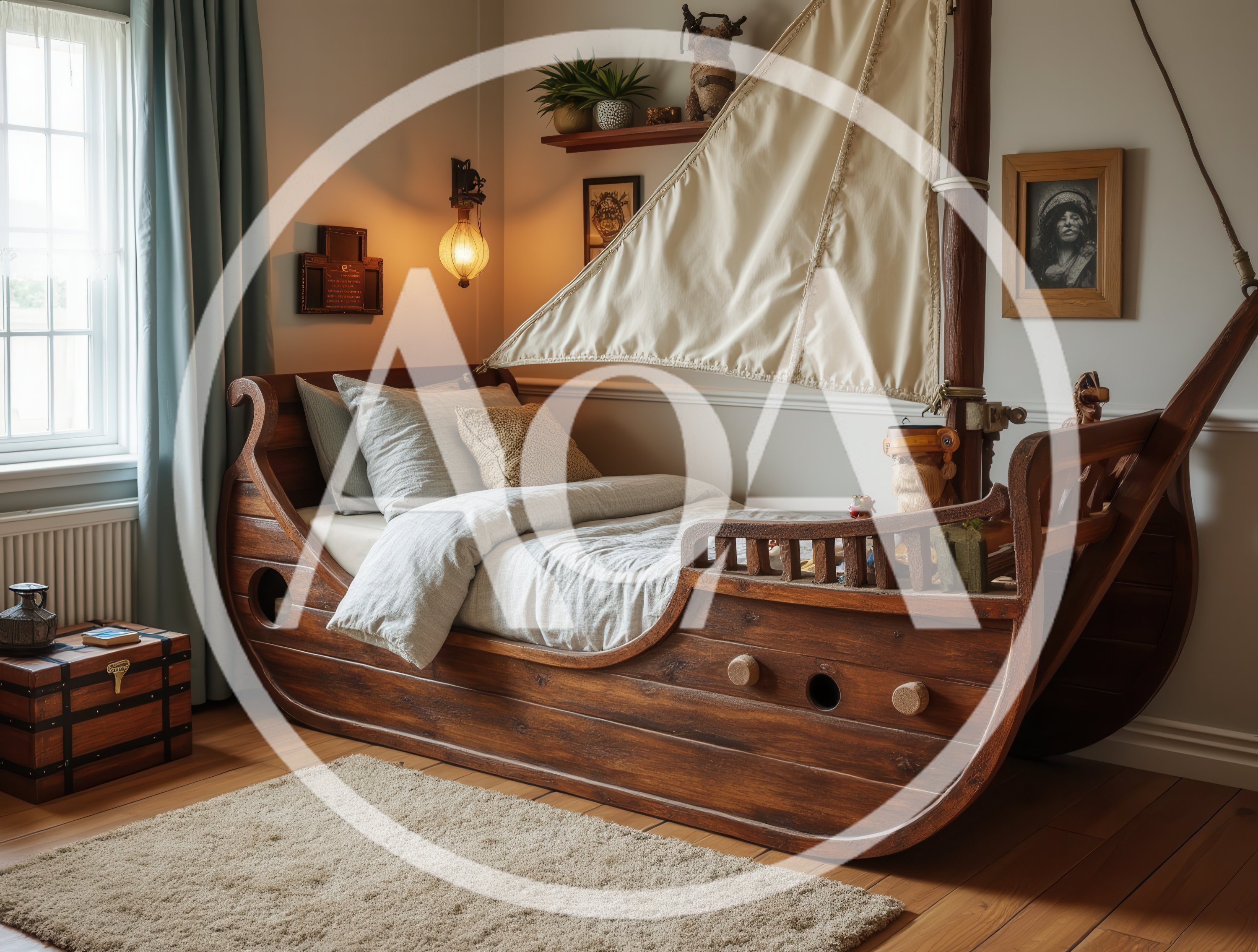 Childrens Bedroom Featuring A Unique Wooden Boat Bed