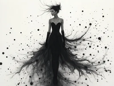 Elegant Woman In Black Gown With Ink Splatter Effect