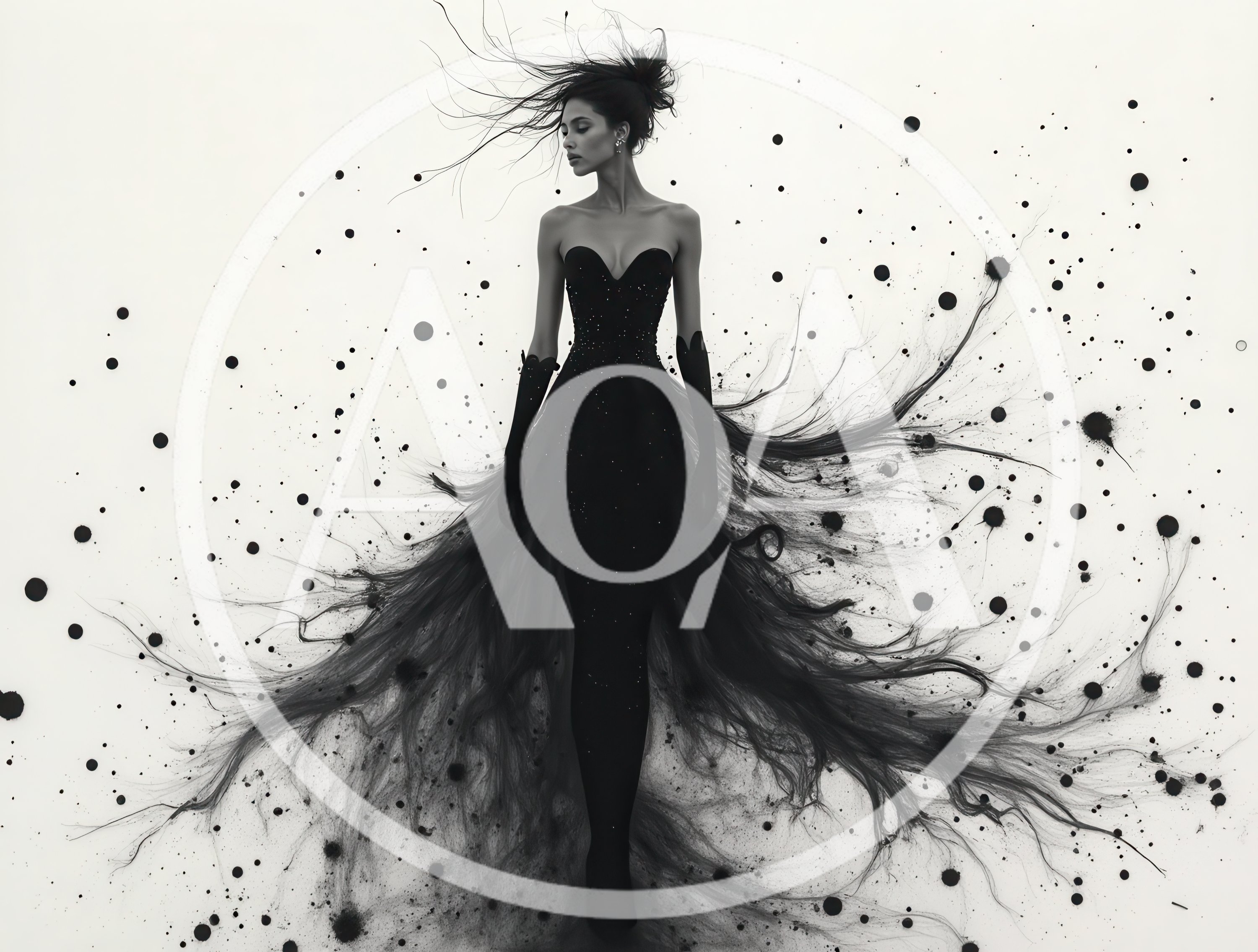 Elegant Woman In Black Gown With Ink Splatter Effect